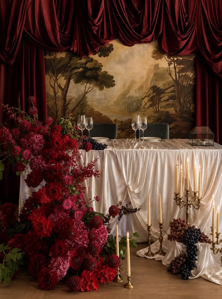 Deep red floral wedding detail with draped backdrop and candlelight
